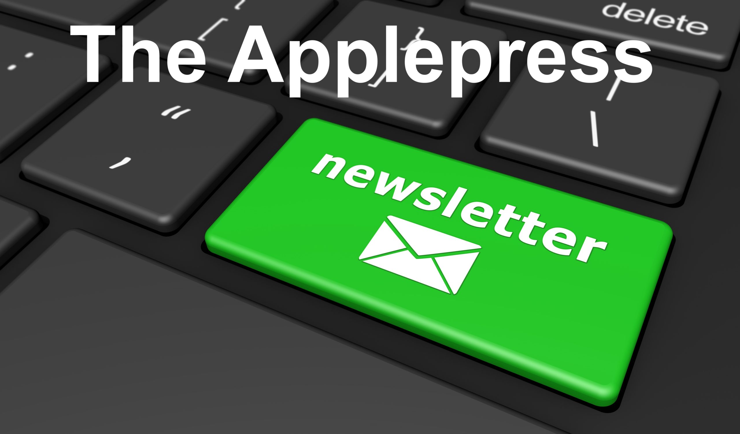 Newsletter concept with sign, letters and an email icon on a green computer keyboard button 3D illustration.